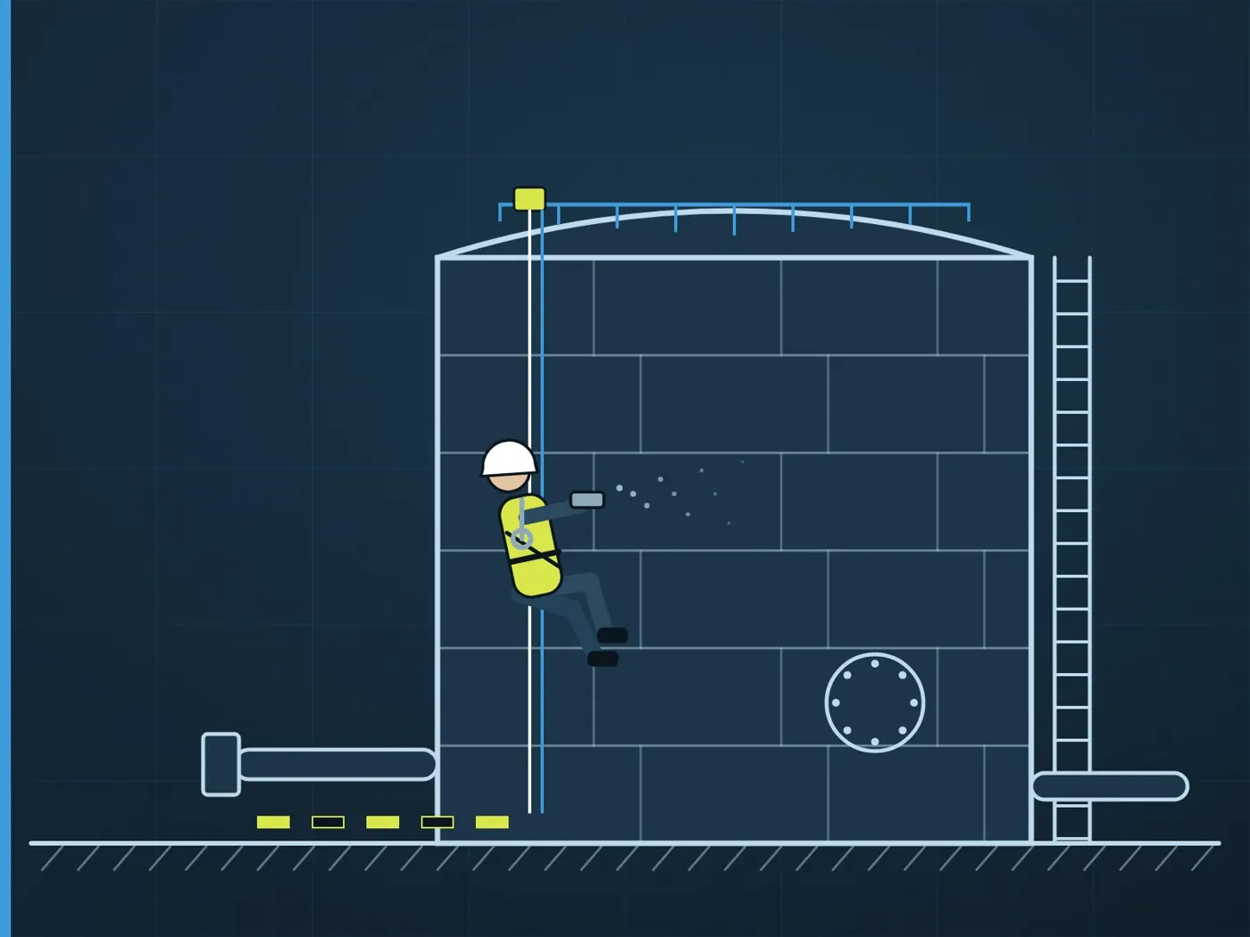 Illustration: rope access technician working down the side of an industrial storage tank