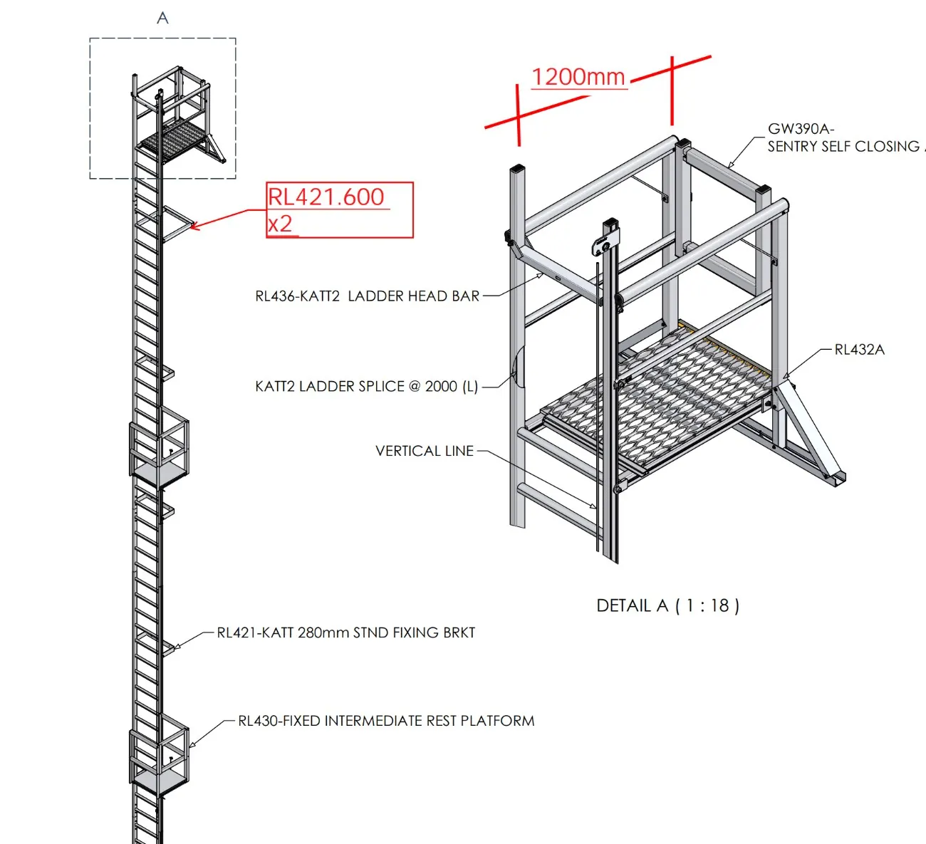 Kattsafe fixed ladder system drawing: caged ladder with rest platforms and a top landing