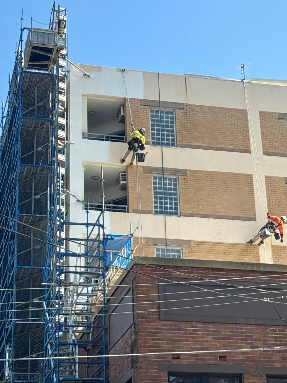 Two rope access technicians on separate drops working down a mid-rise façade beside scaffolding